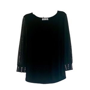 89th and Madison Women's Black Top Small Petite Sheer 3/4 Sleeves Blouse Tunic
